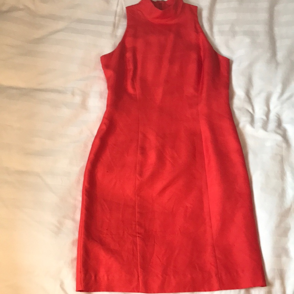 Orange silk high neck cut in sleeve lined sheath dress